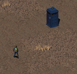 "You see a bright blue police box in the distance."